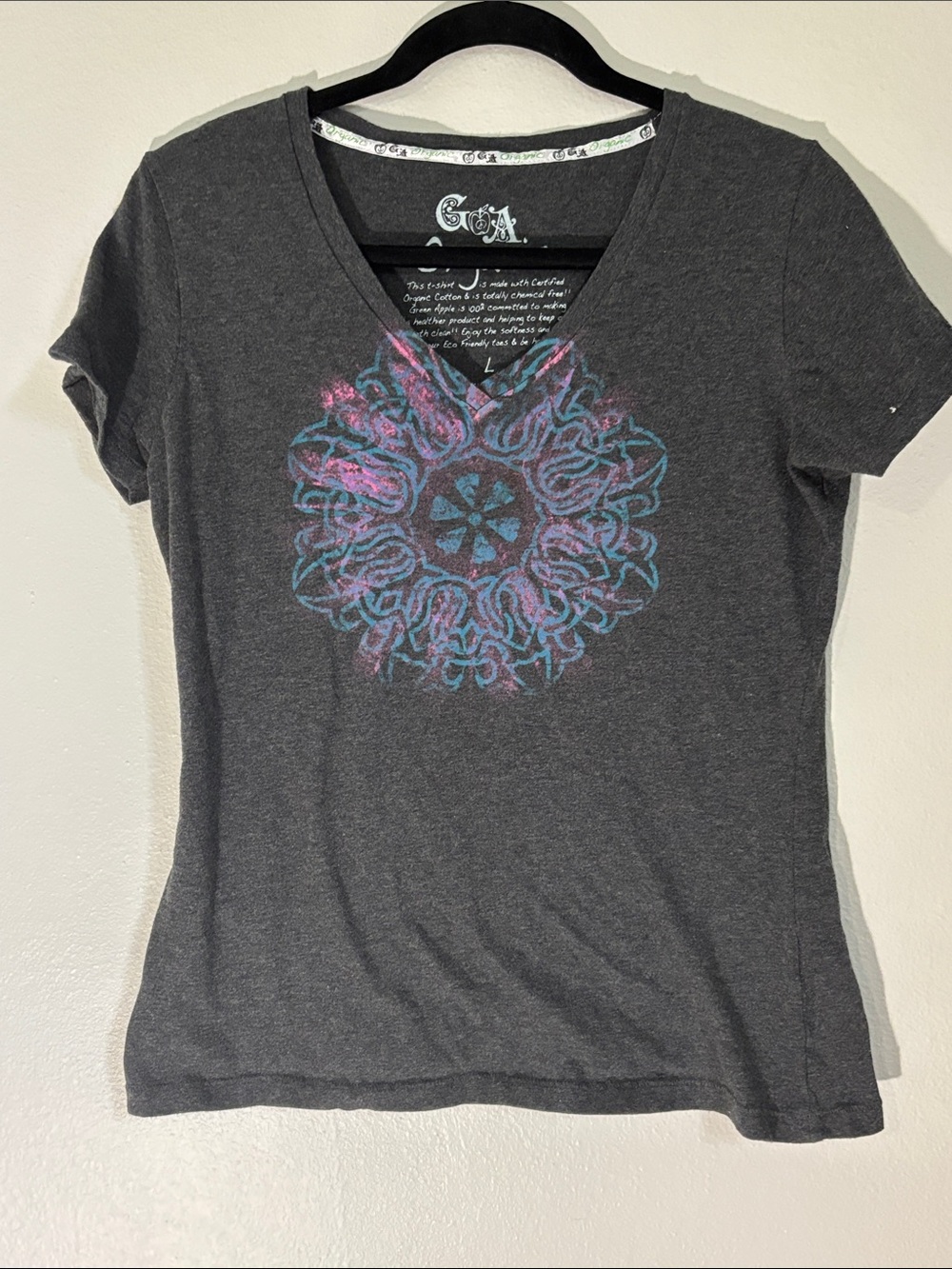 Green Apple Charcoal V-Neck Tee with Pink & Teal Mandala